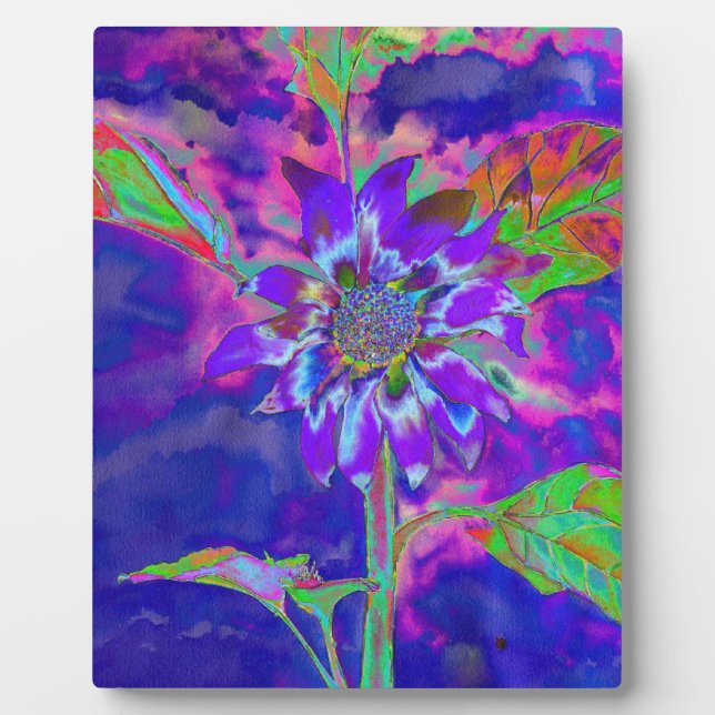 Abstract purple blue sunflower | retro funky fun plaque (Front)