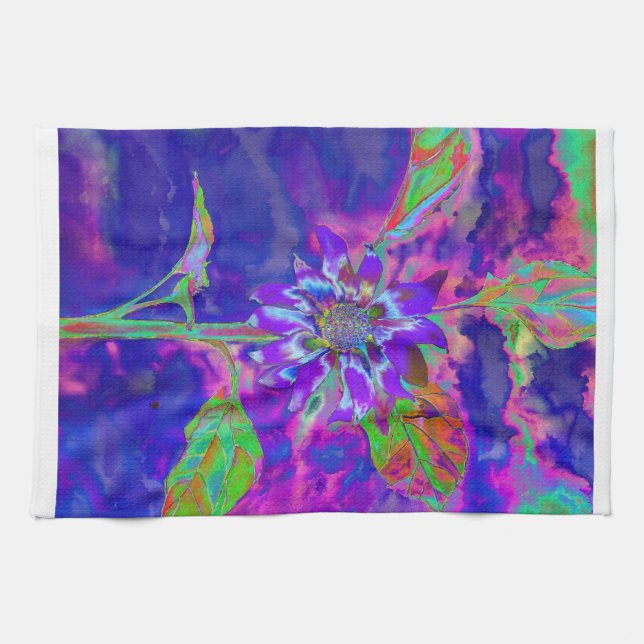 Abstract purple blue sunflower | retro funky fun tea towel (Horizontal)