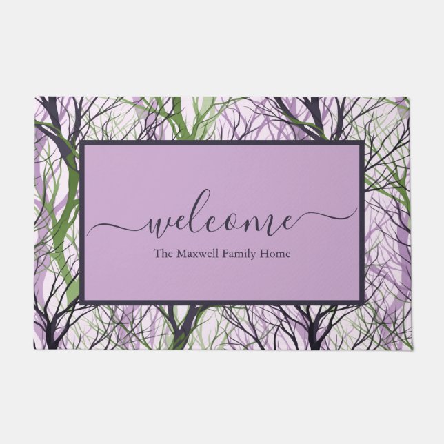 Abstract purple branches script name welcome doormat (Front)