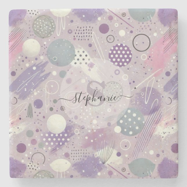 Abstract Purple Circles with Paint Strips Accents Stone Coaster (Front)