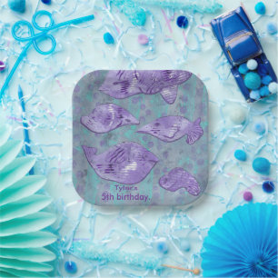 Abstract Purple Fish Personalised Birthday Plates