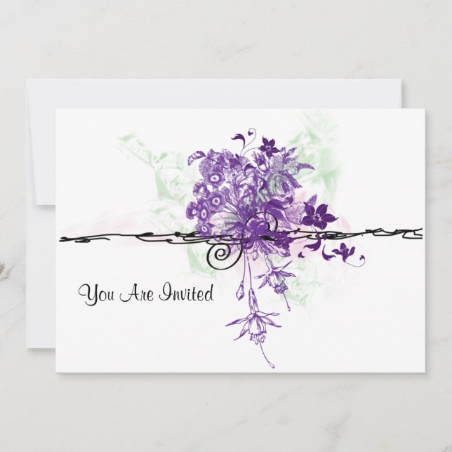 Abstract Purple Flowers Bouquet, You Are Invited Invitation (Front)
