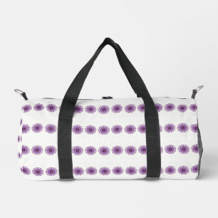 Abstract purple flowers on white duffle bag