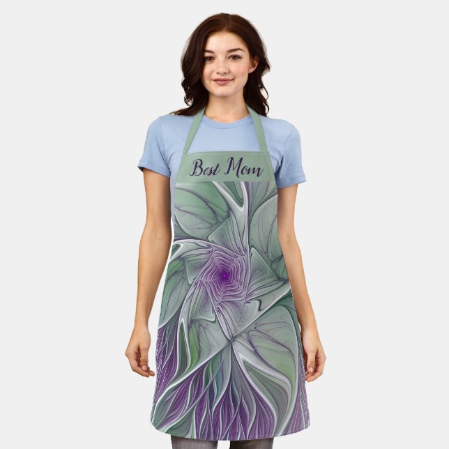 Abstract Purple Green Flower Fractal Art Best Mum Apron (Worn)