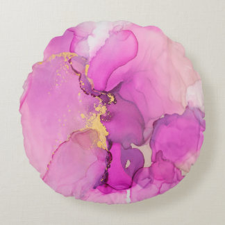 Abstract purple,  lilac,  pink,  gold background,  round cushion