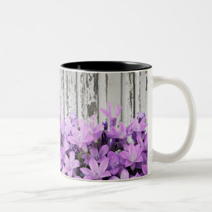 Abstract Purple Lilys on Wooden Fence Two-Tone Coffee Mug