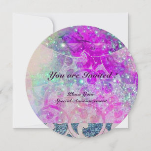 ABSTRACT PURPLE PINK TEAL BLUE WAVES  IN SPARKLES INVITATION