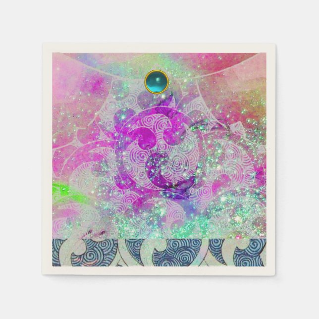 ABSTRACT PURPLE PINK TEAL BLUE WAVES  IN SPARKLES NAPKIN (Front)