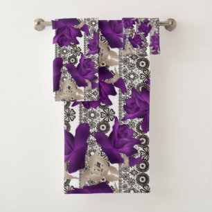 Abstract purple roses flowers floral lace vintage bath towel set