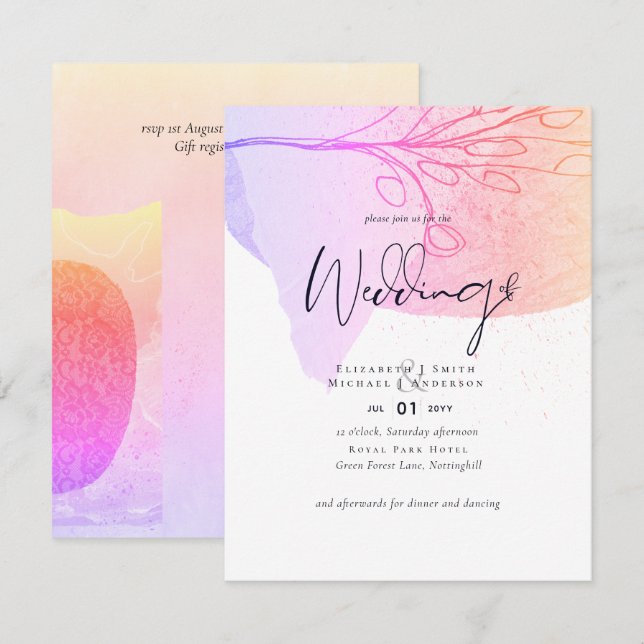 Abstract Purplish Wedding Invite Low Cost Budget (Front/Back)