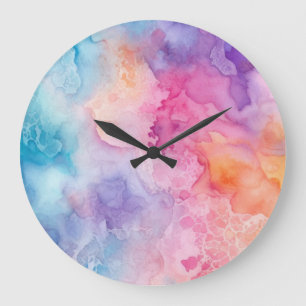 Abstract Rainbow Clouds Watercolour  Large Clock