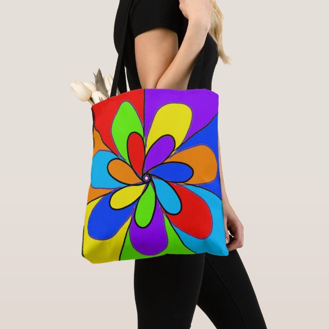 Abstract rainbow colored flower design tote bag (Close Up)