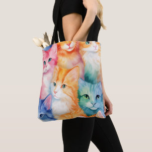 ABSTRACT RAINBOW COLORED KITTY CAT FACES TOTE BAG