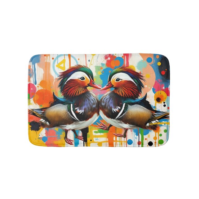 Abstract Rainbow Colorful Mandarin Ducks Couple Bath Mat (Front)