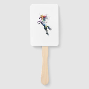 Abstract rainbow coloured watercolor of an unicorn hand fan