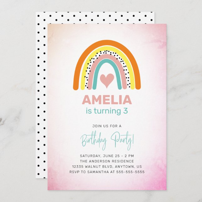 Abstract Rainbow Girls 3rd Birthday Party Invitation (Front/Back)