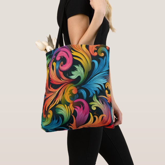 Abstract Rainbow Leaf Pattern Tote Bag (Close Up)