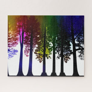 Abstract Rainbow Leaves and Black Silhouette Trees Jigsaw Puzzle
