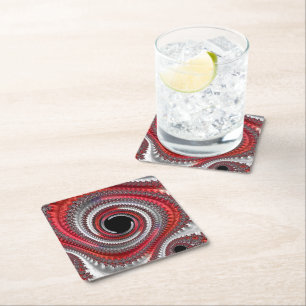 Abstract Red and Black Gradient Spiral Fractal Square Paper Coaster