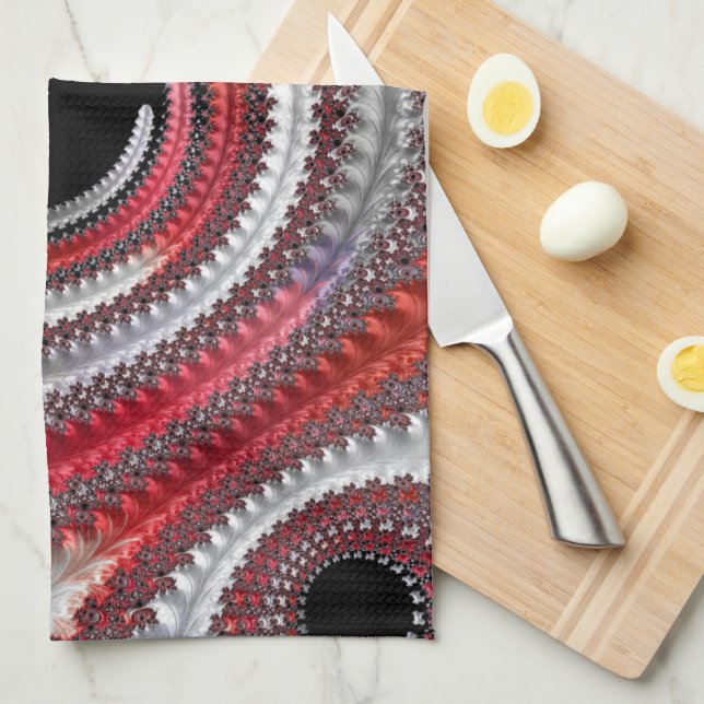 Abstract Red and Black Gradient Spiral Fractal Tea Towel (Quarter Fold)