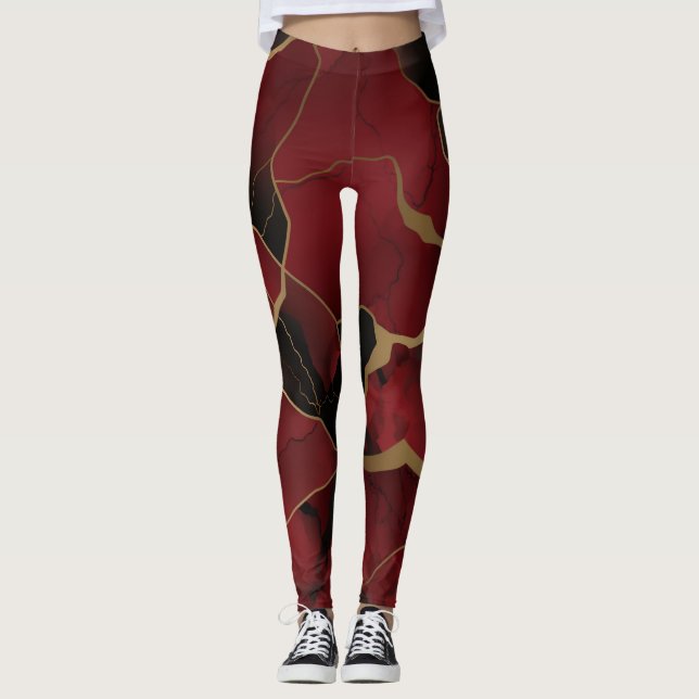 Abstract Red and Black Marble Effect Leggings (Front)