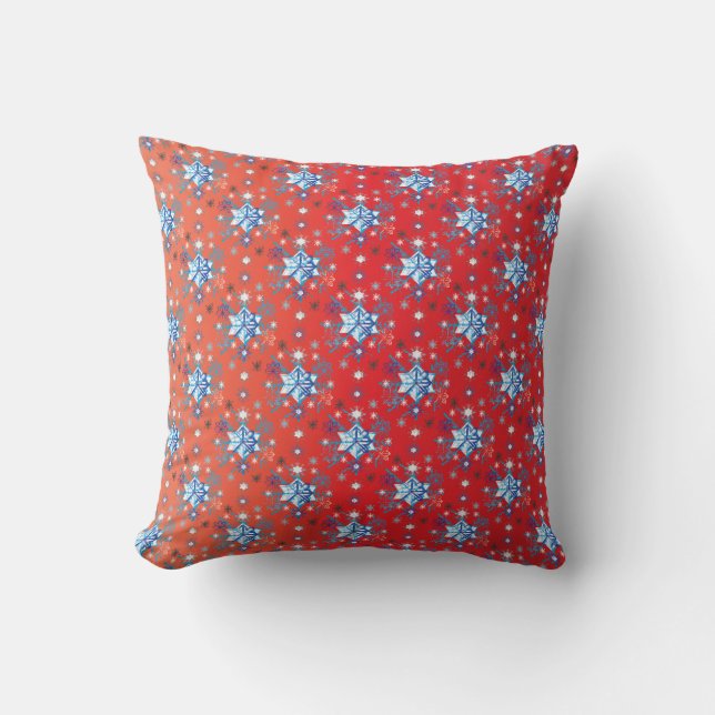 Abstract red and blue Christmas snowflakes Cushion (Front)