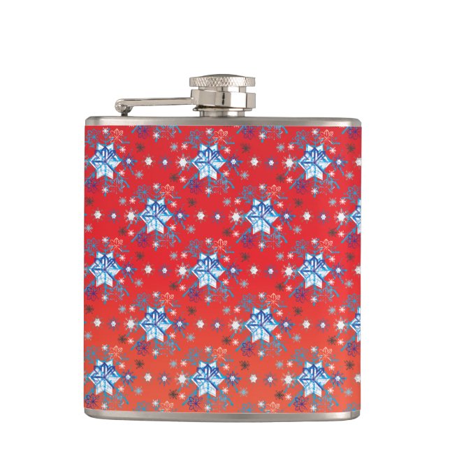 Abstract red and blue Christmas snowflakes Hip Flask (Front)