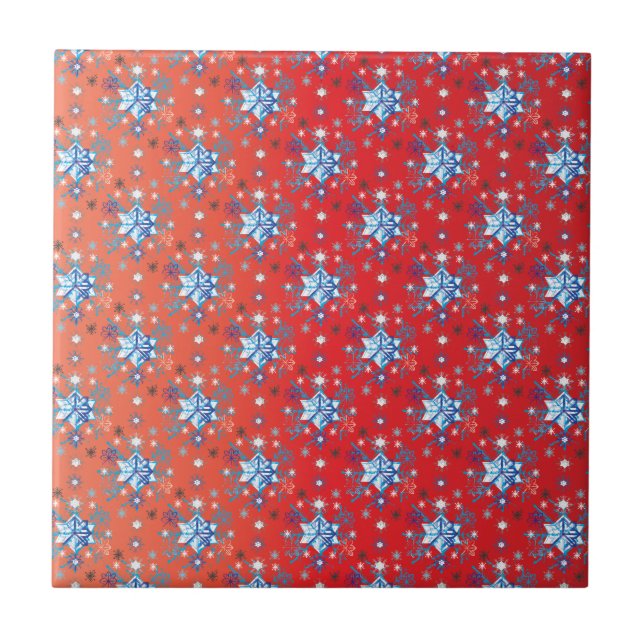 Abstract red and blue Christmas snowflakes Tile (Front)