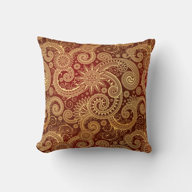Abstract Red and Gold Floral Pattern Cushion (Front)