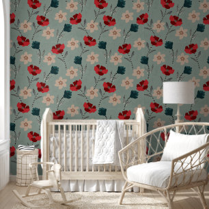 Abstract Red and Green Flowers on Grey Wallpaper