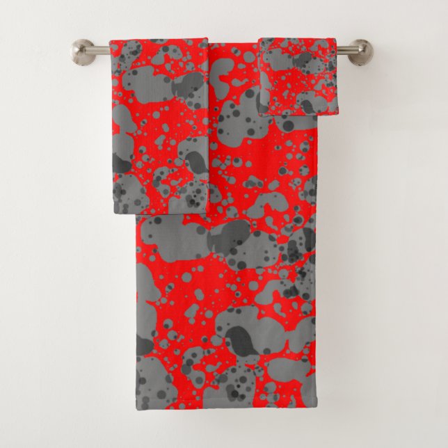 Abstract red and grey bath towel set (Insitu)