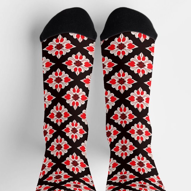 Abstract Red and White Floral Pattern Socks (Top)