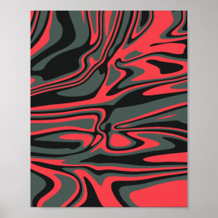 Abstract Red, Black, & Dark Green Swirling Art Poster