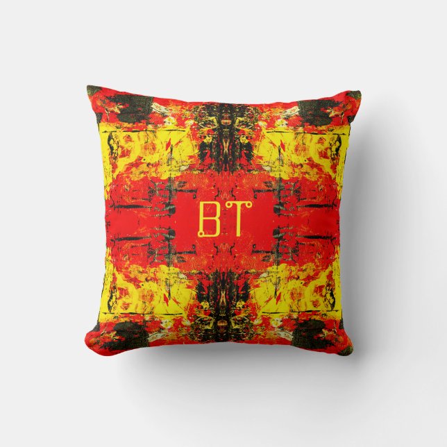 Abstract Red Black Yellow Glitter Custom Initials Cushion (Front)