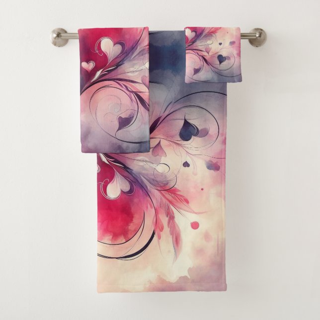 Abstract Red Blue Hearts Fancy Towel Set (Insitu)