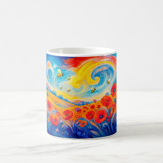 Abstract red blue poppy field with bees coffee mug