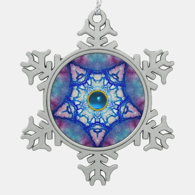 ABSTRACT RED BLUE STAR AND SAPPHIRE GEMSTONE SNOWFLAKE PEWTER CHRISTMAS ORNAMENT (Front)