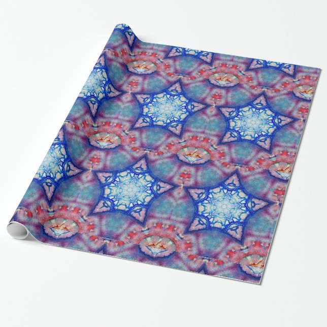 ABSTRACT RED BLUE STAR WRAPPING PAPER (Unrolled)