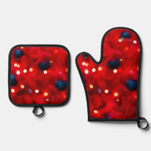Abstract Red Christmas Bokeh Background Oven Mitt & Pot Holder Set