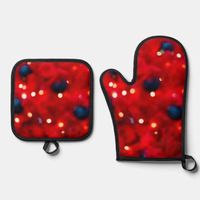 Abstract Red Christmas Bokeh Background Oven Mitt & Pot Holder Set (Front)
