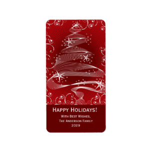 Abstract Red Christmas Tree Swirls Holiday Labels