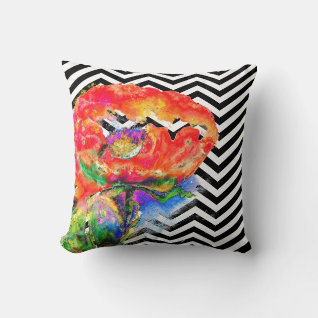 Abstract red floral painting Red Poppy chevron  Cushion (Front)