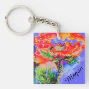 Abstract red floral watercolor painting red poppy key ring