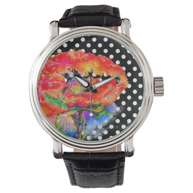 Abstract red floral watercolor poppy polka dots watch (Front)