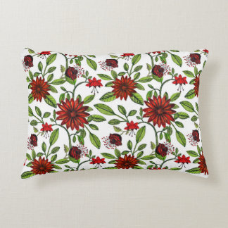 abstract red flowers and green leaves on white bac decorative cushion