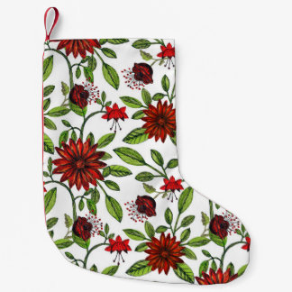 abstract red flowers and green leaves on white bac small christmas stocking