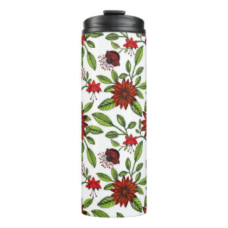 abstract red flowers and green leaves on white bac thermal tumbler