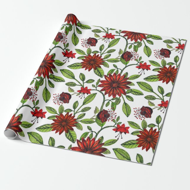 abstract red flowers and green leaves on white bac wrapping paper (Unrolled)