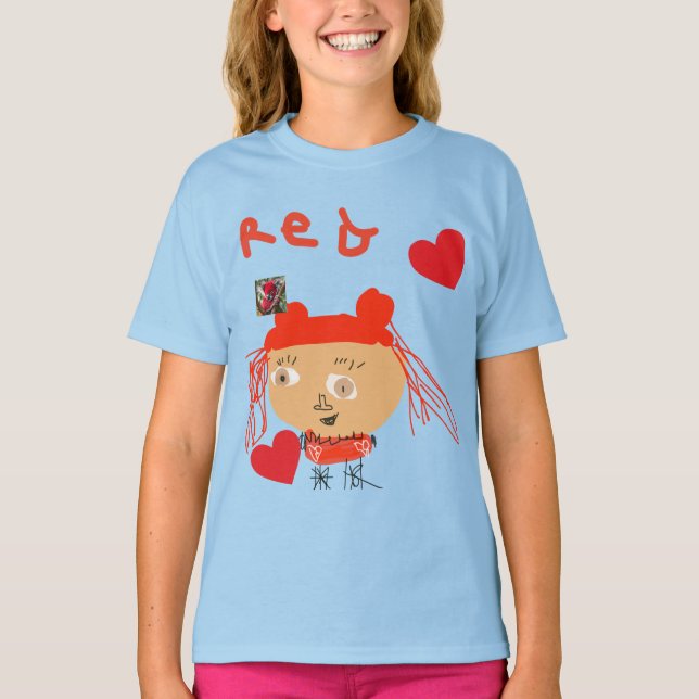 Abstract Red Girl With Hearts on Blue Kids T-Shirt (Front)