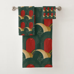 Abstract Red, Green and Gold Bath Towel Set
